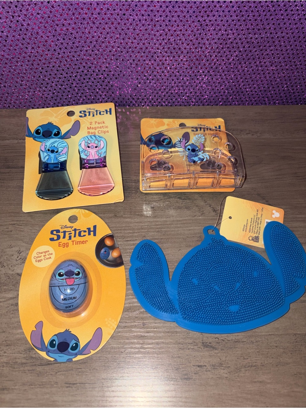 🆕💜 Disney Stitch Kitchen Bundle Scrubber Egg Timer Sponge Holder Bag Clips NWT